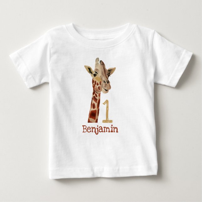 Camiseta Nome de Primeiro Aniversário da Girafa Cuta Person (Frente)