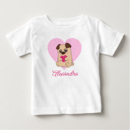 Camiseta Nome de Pug Cardíaco Rosa Kawaii Cute Personalizad