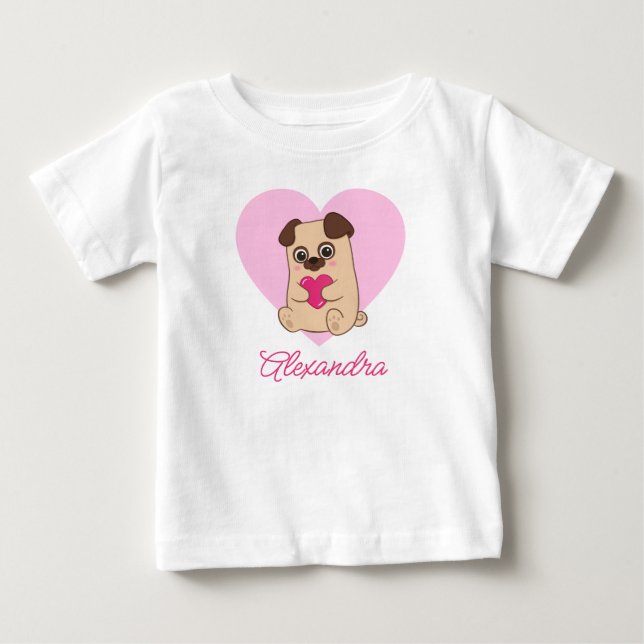 Camiseta Nome de Pug Cardíaco Rosa Kawaii Cute Personalizad (Frente)