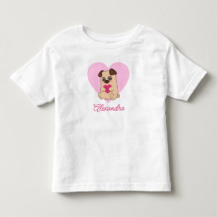 Camiseta Nome de Pug Cardíaco Rosa Kawaii Cute Personalizad
