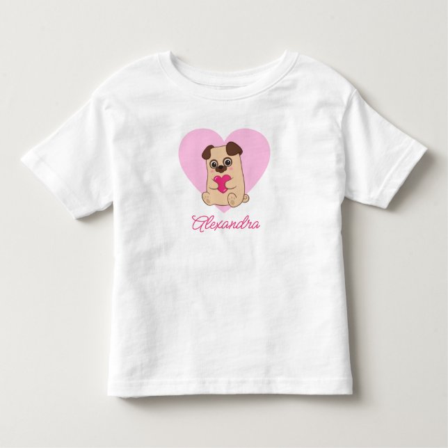Camiseta Nome de Pug Cardíaco Rosa Kawaii Cute Personalizad (Frente)