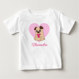 Camiseta Nome de Pug Coração Rosa Kawaii Personalizado