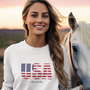 Camiseta Nome, Design de Estêncil EUA, Mulheres de Leve Lon