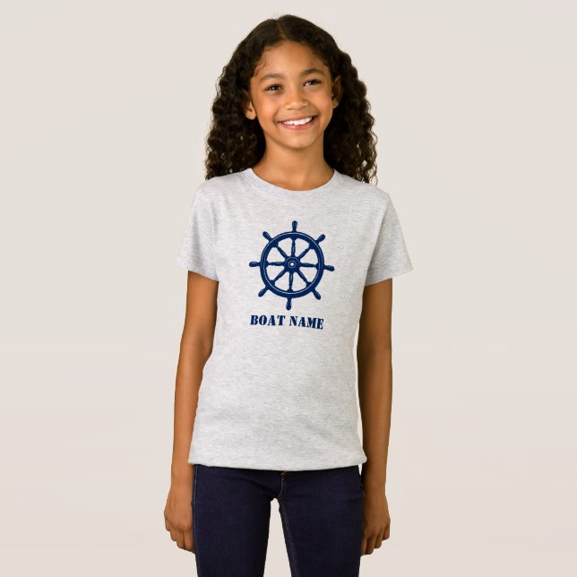 Camiseta Nome do barco ou Nome do navio Helm Wheel Cinza (Frente Completa)