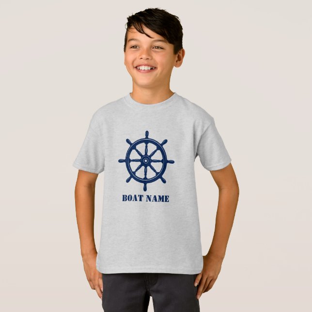 Camiseta Nome do barco ou Nome do navio Helm Wheel Marinho  (Frente Completa)