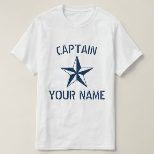 Camiseta Nome do capitão do navio branco azul marinho estre