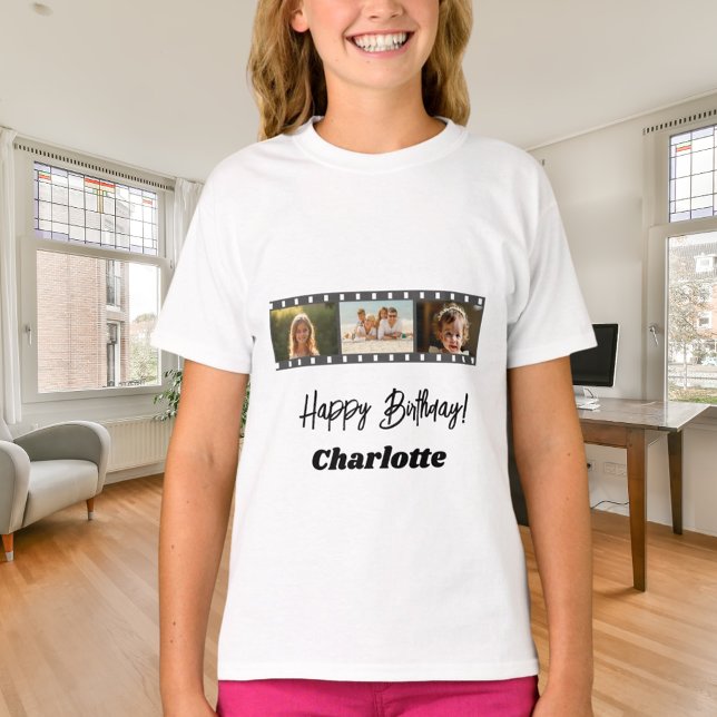 Camiseta Nome do filme de colagem de fotos aniversariante (Criador carregado)