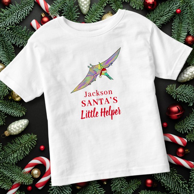 Camiseta Nome do Menino Personalizado do Dinossauro de Nata (Christmas dinosaur personalized kid name Santas little helper quote Pterodactyl flying festive dino )