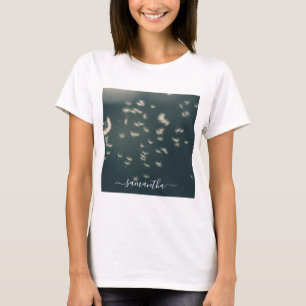 Camiseta Nome do Script Branco do Dandelion Verde do Dark S