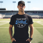 Camiseta Nome e Número do Jogador de Futebol Personalizado<br><div class="desc">Camiseta de futebol do Front and Back Men Personalizado - mostrada em Design preto mostra o texto "Futebol" com texto que pode ser personalizado para o nome da equipe,  o sobrenome do jogador e o número de camisa. As cores branca,  azul e cinza podem ser personalizadas.</div>