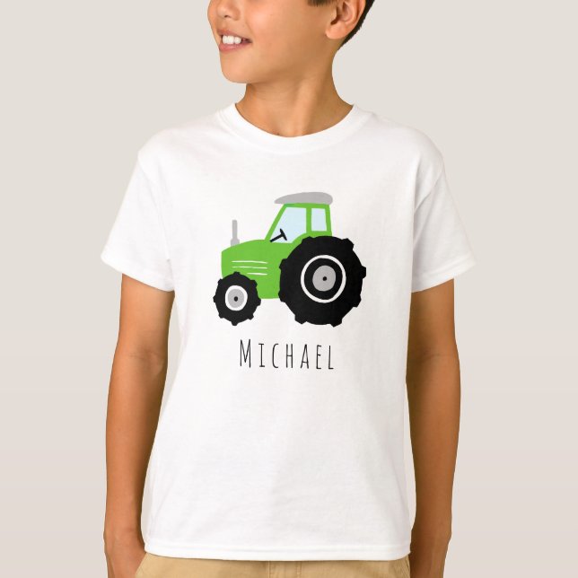 Camiseta Nome e Trator de Fazenda Verde Moderno para Menino (Frente)