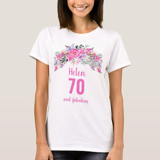 Camiseta nome floral cor-de-rosa de 70 aniversário (Frente)