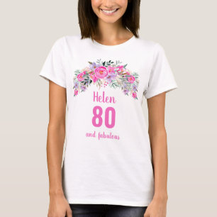 Camiseta nome floral cor-de-rosa de 80 aniversário
