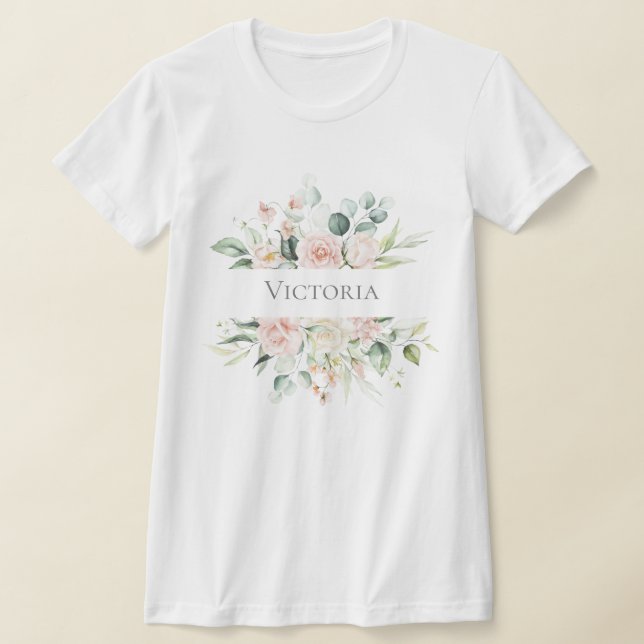 Camiseta Nome Floral de Cores d'Água Rosa Personalizado  (Postura )