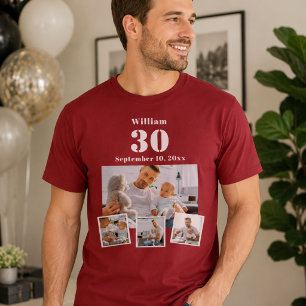 Camiseta Nome idade de aniversário colagem de fotos vermelh
