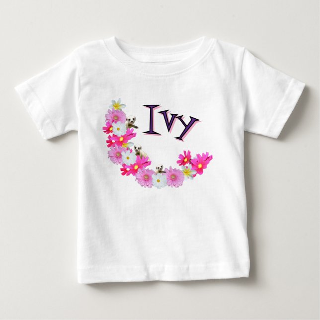 Camiseta Nome Ivy Com Grinalda De Flor De Bebê Suricata, (Frente)