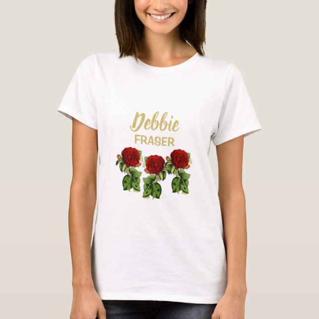 Camiseta Nome personalizado da flor vermelha e das folhas v (Frente)