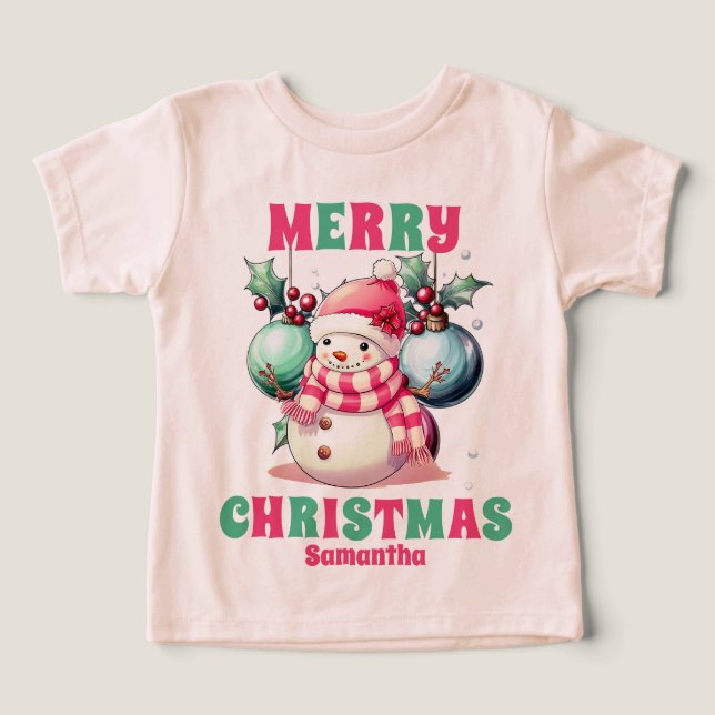 Camiseta Nome Personalizado de Snowman de Natal Rosa (Design frontal)