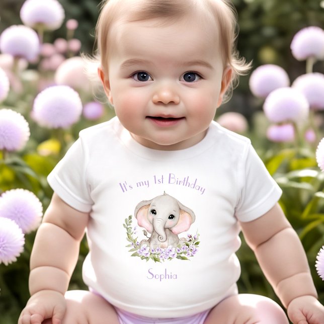 Camiseta Nome Personalizado do Elefante Roxo da Rapariga pr (1st Birthday Girl Elephant Purple Custom Name Baby T-Shirt)