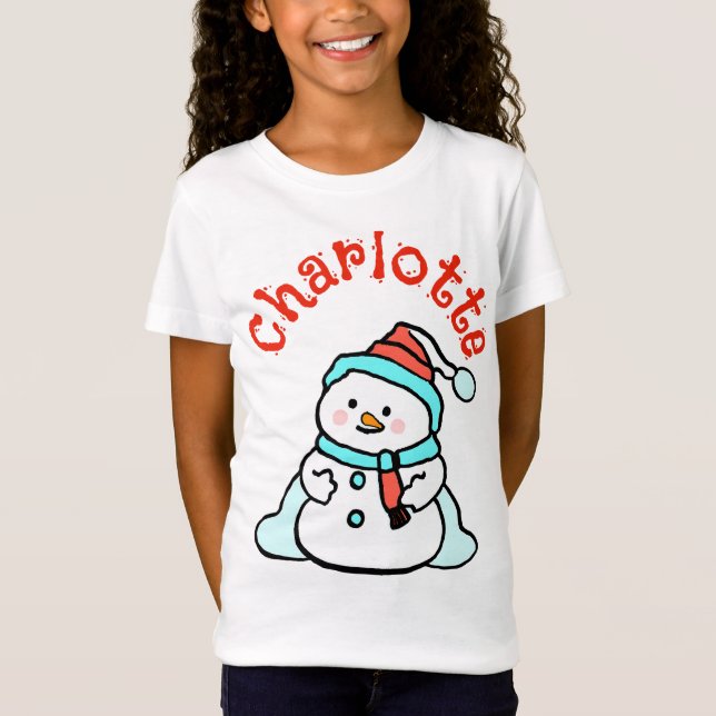 Camiseta Nome Personalizado do Homem de Neve do Natal Girls (Frente)