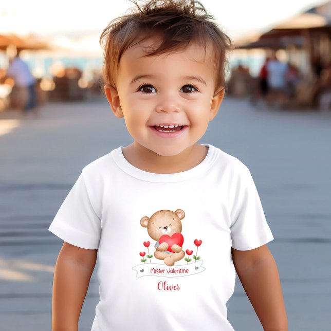 Camiseta Nome Personalizado do Menino Namorados do Urso Bon (Cute Bear Mister Valentine Boy Personalized Name Toddler T-shirt)