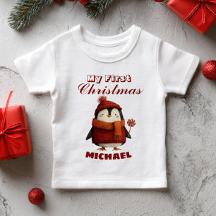 Camiseta Nome Personalizado do Pinguim do Primeiro Natal do