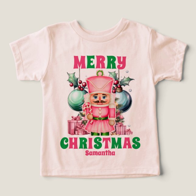 Camiseta Nome Personalizado do Quebra-Nozes de Natal Rosa (Design frontal)