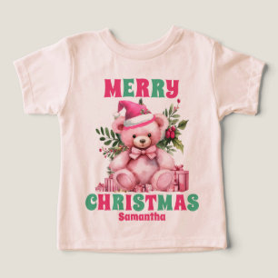 Camiseta Nome Personalizado do Urso de Teddy de Natal Rosa