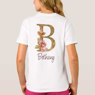 Camiseta Nome Personalizado Folha de Ouro Blush Rosas Cor-d