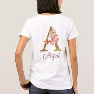 Camiseta Nome Personalizado Folha de Ouro Blush Rosas Rosa 