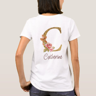Camiseta Nome Personalizado Folha de Ouro Blush Rosas Rosa 