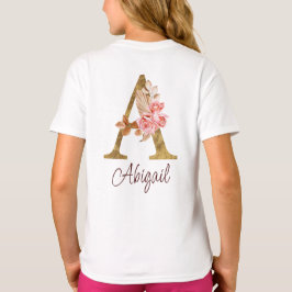 Camiseta Nome Personalizado Folha de Ouro Blush Rosas Rosa