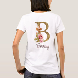 Camiseta Nome Personalizado Folha de Ouro Blush Rosas Rosa