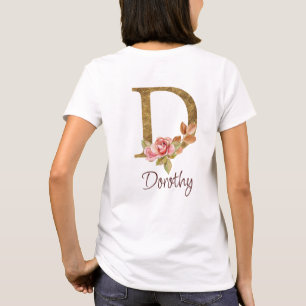 Camiseta Nome Personalizado Folha de Ouro Blush Rosas Rosa 