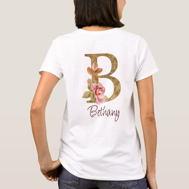 Camiseta Nome Personalizado Folha de Ouro Rosa Bege Rosas L (Verso)