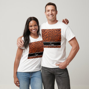 Camiseta Nome personalizado glitter laranja impressão leopa