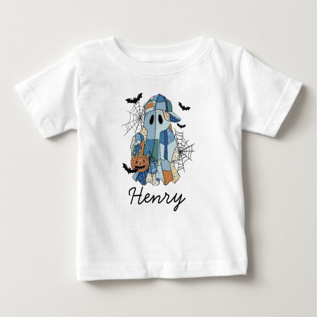 Camiseta Nome personalizado Halloween Ghost Boy Toddler e (Frente)