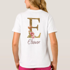 Camiseta Nome Personalizado Letra E Folha Dourada Rosas Ros