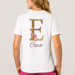 Camiseta Nome Personalizado Letra E Folha Dourada Rosas Ros