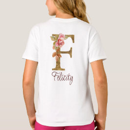 Camiseta Nome Personalizado Letra F Folha Dourada Rosas Ros