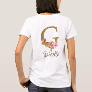 Camiseta Nome Personalizado Letra G Folha Dourada Rosas Ros