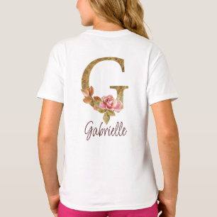 Camiseta Nome Personalizado Letra G Folha Dourada Rosas Ros