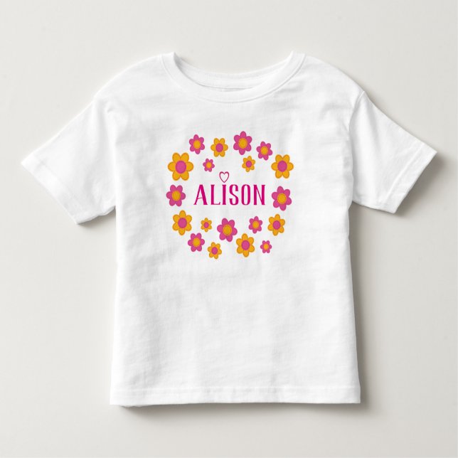 Camiseta Nome personalizado primavera floral cor-de-rosa (Frente)