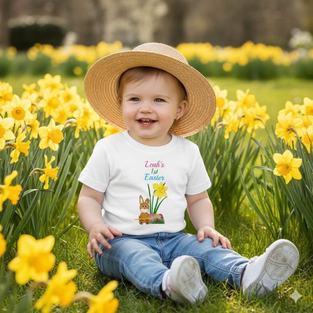 Camiseta Nome Personalizado Primeira Páscoa com Coelho Coel (Celebrate your baby's first Easter by personalizing this tee with their name. Spring is here!)