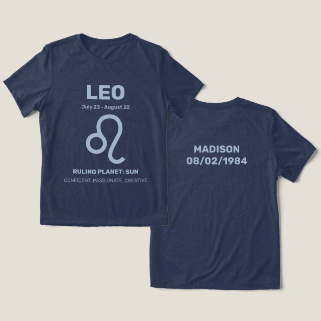 Camiseta Nome Personalizado / Sinal de Zodíaco de Texto Leo (Design Frente e Verso)