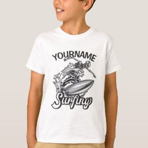 Camiseta Nome Personalizado Surfista de Esqueleto Pegando O