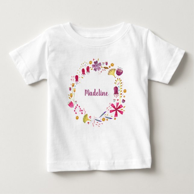 Camiseta Nome Personalizado Wreath Botânico de Watercolor (Frente)