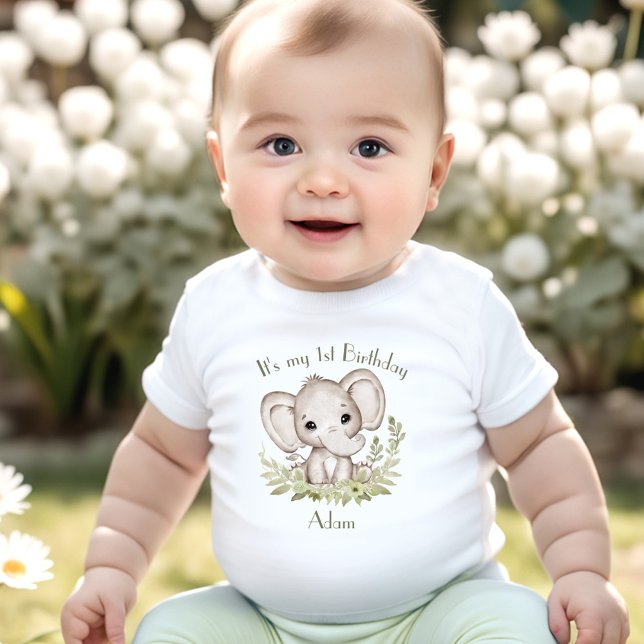 Camiseta Nome Verde do Elefante do primeiro aniversario (1st Birthday Boy Elephant Green Name Baby T-Shirt)