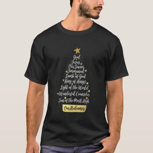 Camiseta Nomes de Jesus Cristo Cristão Faith Árvore de Nata (Frente)