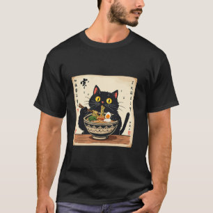 Camiseta Noodles Gato Gato Negro Cinto Comendo Ramen Sobem 